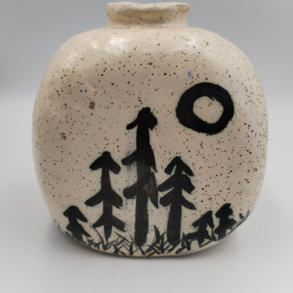 Vintage Studio Art Pottery Bud Vase Signed Jim - Speckled Mountain & Moon Scene
